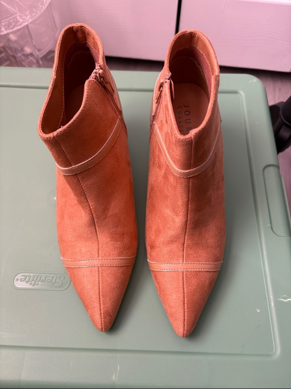 Camel Suede Pointed Ankle Booties with kitten heel